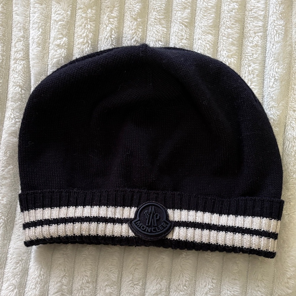 Moncler Black Beanie with White Stripes